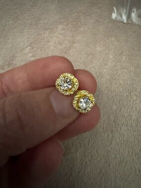 14k Gold plated Crystal Halo Stud Earrings - Clear Stone